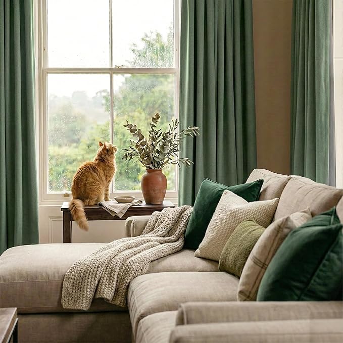 RYB HOME Forest Green 100% Blackout Linen Curtains 96 Length 52 Width, Privacy Assurd & Thermal Insulated Drapes for Bedroom/Sliding Door, Rod Pocket&Back Tab Modern Fashion Style, 2 Panels