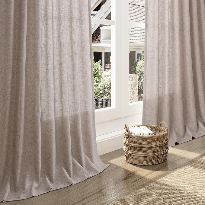 Brownish Grey Linen Curtains 63 Inches Long for Bedroom Back Tab Light Filtering Privacy Sheer Curtains Modern Farmhouse Coastal Decor Cotton Textured Gauze Curtain for Bathroom 2 Panel Set
