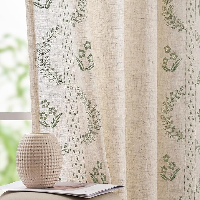jinchan Belrose Linen Curtains for Bedroom Floral Curtains 63 Inch Length Sage Green Embroidered Drapes Farmhouse Flower Patterned Drapes for Living Room Window Treatments Sets 4 Panels