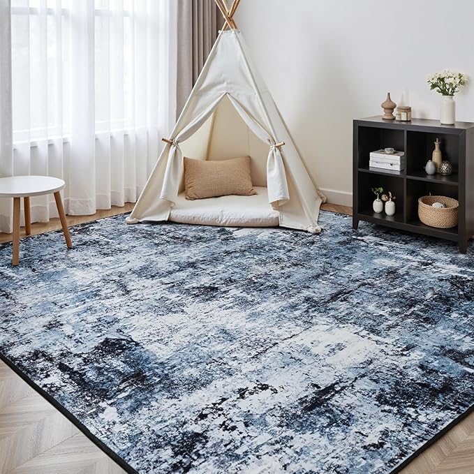 Rugflix 3x5 Entrance Rugs, Entry Rug Washable Non-Slip Stain-Resistant Low Pile Small Modern Dark Carpet, for Living Room Bedroom Indoor, Navy Blue/Black