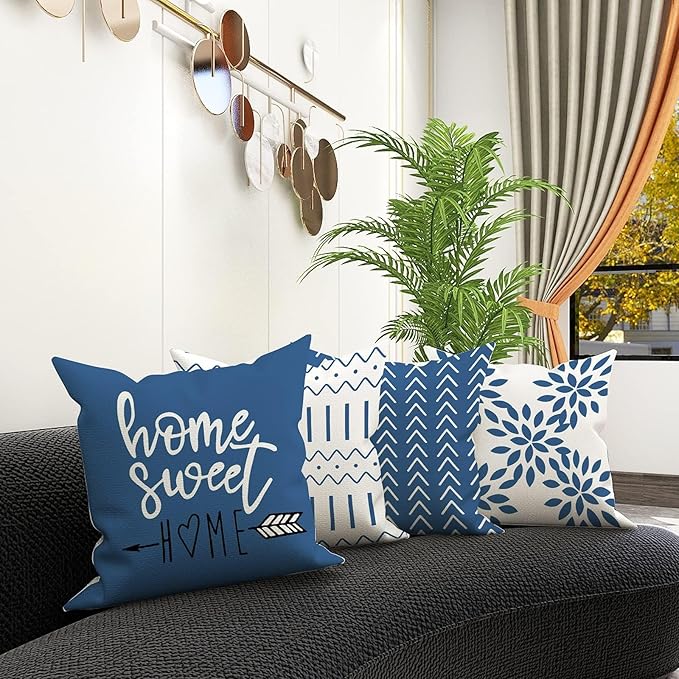 YCOLL Pillow Covers 18x18 Set of 4, Modern Sofa Throw Pillow Cover, Decorative Outdoor Linen Fabric Pillow Case for Couch Bed Car，Light Blue