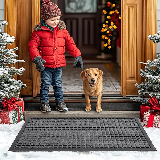 Smiry Front Door Mat Outside Entrance, Heavy Duty Natural Rubber Doormat, Non Slip, Trap Dirt and Moisture, Easy Clean, Low Profile Welcome Floor Mats for Indoor Outdoor Entry, 35x23 Inch, Grey