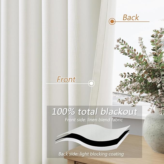 Guken Ivory 100% Blackout Linen Curtains 72 Inch Length 2 Panels Set for Living Room Bedroom Back Tab Thermal Insulated Black Out Drapes Room Darkening Farmhouse Window Curtains 72 Inches Long