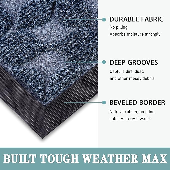 Bulijojo Sturdy Front Entrance Doormats,Durable Heavy Duty Welcome Mat,Thick Absorbent Natural Rubber Non Slip Mat,Easy Clean Entryway Mat 17"x30" Geometric Blue