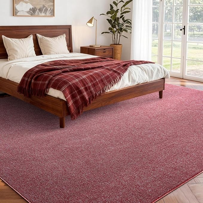 FinRèc 6x9 Washable Area Rugs for Bedroom Living Room, Low Pile Thin Rug Solid Color, Non-Slip Carpet Indoor for Home Decor (Red)