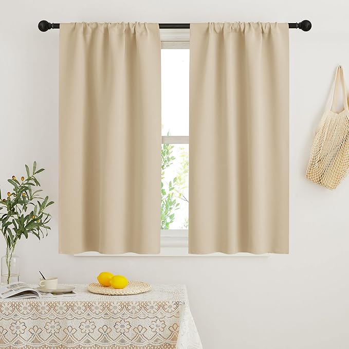 RYB HOME French Door Window Curtain Covering, Rod Pocket Thermal Insulated Privacy Non See Through Drapes for Bathroom Window, Width 29 by Length 45, Biscotti Beige, 2 Panels