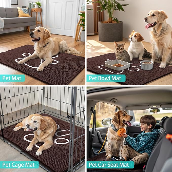 Smiry Dog Door Mat for Muddy Paws, Absorbent Dirt Trapper Non Slip Quick Dry Washable Chenille Mat for Mud Dogs, Entry Rug for Indoor and Outdoor (59x35 Inches, Brown and White)