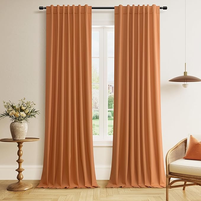 Guken Orange 100% Blackout Linen Curtains 120 Inch Length 2 Panels Set for Living Room Bedroom Back Tab/Rod Pocket Thermal Insulated Black Out Drapes Room Darkening Farmhouse Window Curtains 52x120