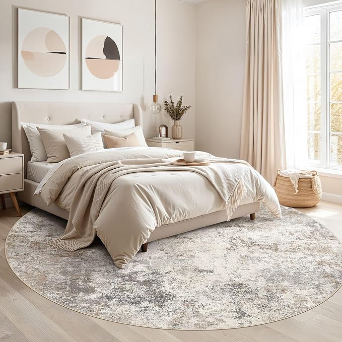UERMEI 8ft Round Area Rug Living Room Rugs - 8x8 Washable Neutral Modern Abstract Soft Thin Rug Indoor Floor No Slip Rug Carpet for Bedroom Under Dining Table Home Office Decor - Brown Grey