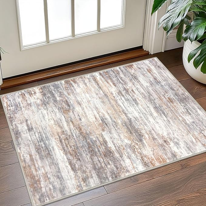 KOZYFLY Modern Abstract Small Area Rugs 2x3, Washable Kitchen Rug Non-Slip Soft Small Bathroom Rug, Multi Grey/Orange Striped Entryway Rugs Print Faux Wool Doormat