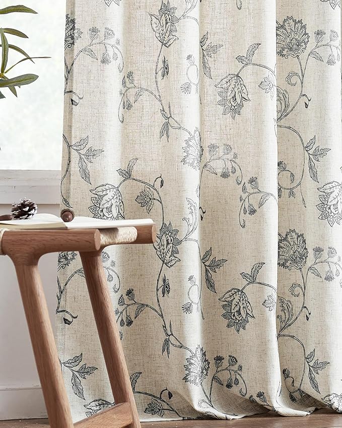Jinchan Linen Floral Curtains 63 Inch Length for Living Room & Bedroom - Light Filtering Rod Pocket Back Tab Jacobean Curtains Flax Linen Texture Window Drapes Set 2 Panels Black on Linen