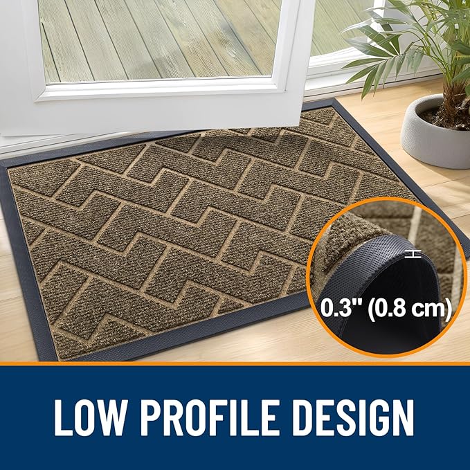 OLANLY Front Door Mat Indoor Outdoor Entrance, Waterproof All-Season, All-Weather Doormat, Sturdy Natural Rubber, Low Profile, Easy Clean Patio Porch Entryway Mat, Herringbone Brick (Brown, 59x35)