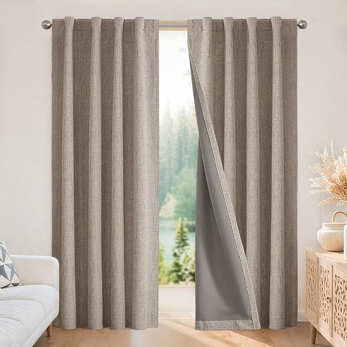 Joydeco 100% Blackout Curtains for Bedroom，Natural Linen Curtains, Thermal Insulated Linen Light Blocking Drapes, Rod Pocket & Back Tabs, Darkening Privacy for Living Room, 52" W x 96" L (Pack of 2)