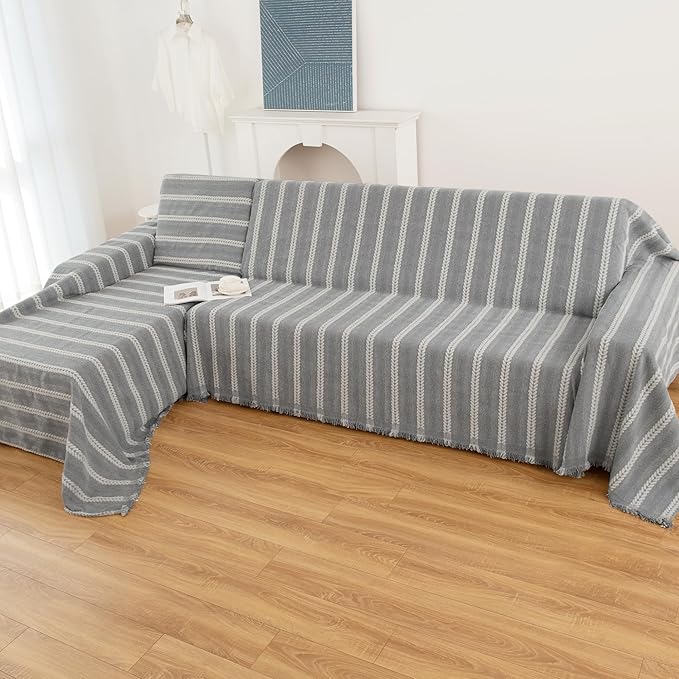 Boho Sofa Covers for 3 Cushion Couch, Couch Cover for Dogs, Loveseat Cover Soft Throw Blankets with Tassels(Striped Grey, 71x134)