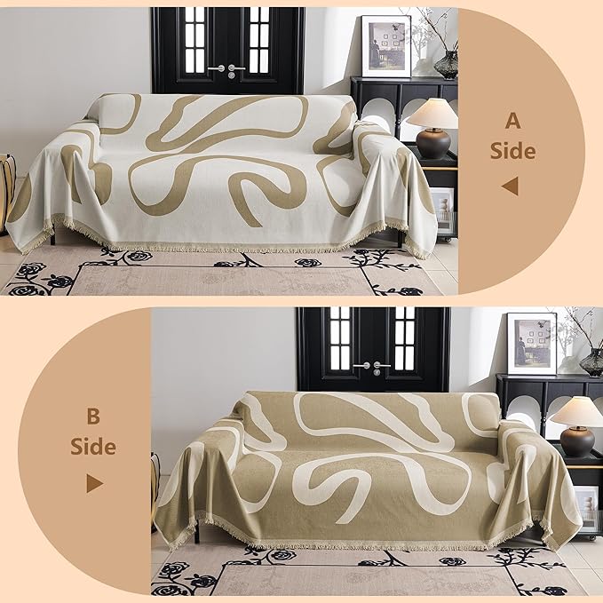 MYSKY HOME Boho Couch Cover Super Soft Couch Covers for 2-3 Cushion Couch Sofa, Modern Khaki Jacquard Sofa Slipcover Loveseat Futon Cover, Couch Covers for Sectional Sofa, 71" x 102", Khaki Curve