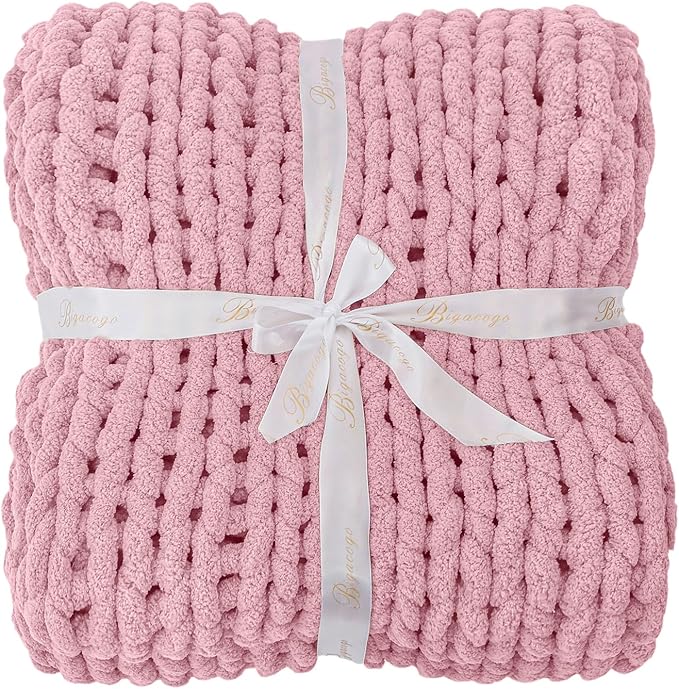 Bigacogo Chunky Knit Throw Blanket for Couch, 40x40 inches, 100% Hand Knitted with Thick Jumbo Chenille Yarn, Cozy Soft Large Rope Knot Cable Crochet Blankets for Sofa Bed Living Room, Blush Pink