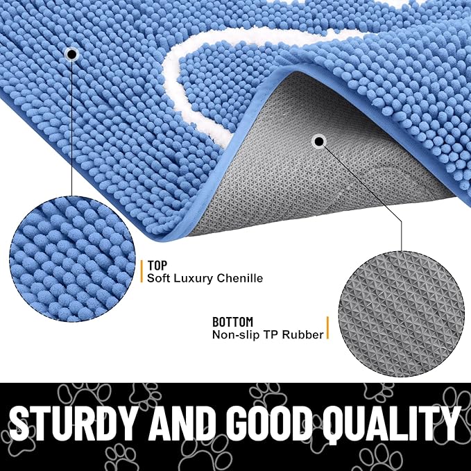 Smiry Dog Door Mat for Muddy Paws, Absorbent Dirt Trapper Non Slip Quick Dry Washable Chenille Mat for Mud Dogs, Entry Rug for Indoor and Outdoor (40x32 Inches, Cornflower Blue and White)