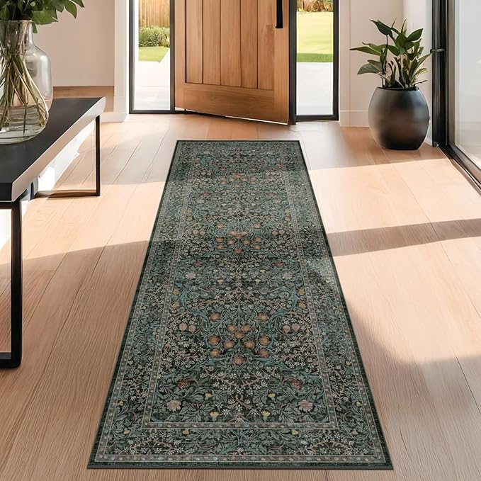 Non Slip 2x6 Kitchen Runner Rug Washable, Rubber Backed Bathroom Runner, Boho Vintage Floral Botanical Dark Green Non Skid Low Pile Soft Carpet for Entryway, Laundry Room, Hallway Mats for Floor