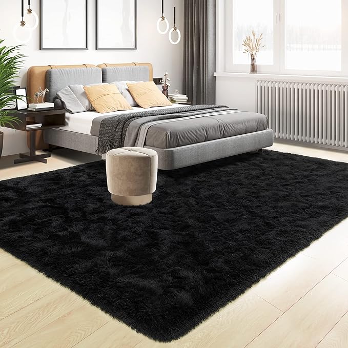 Tepook Super Soft Fluffy Rug for Bedroom, Modern Shaggy Fuzzy Kids Rugs for Living Room, Plush Indoor Nursery Home Decor Dorm Carpet with Non-Slip Bottom, Black, 2 X 3 Feet
