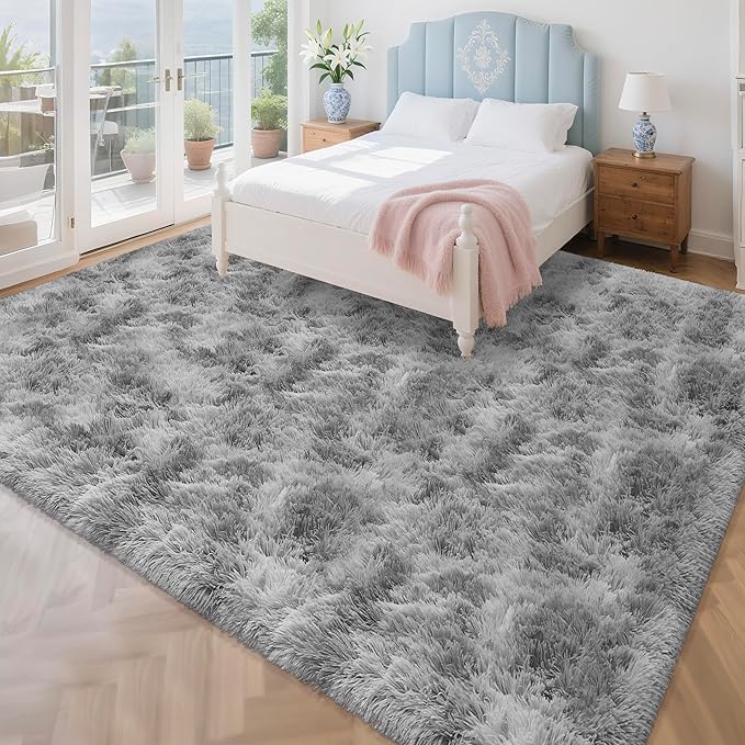 Large Area 8x10ft Carpet Tie-Dyed Grey Washable and Fluffy for Girls' Bedroom Bedside Rug