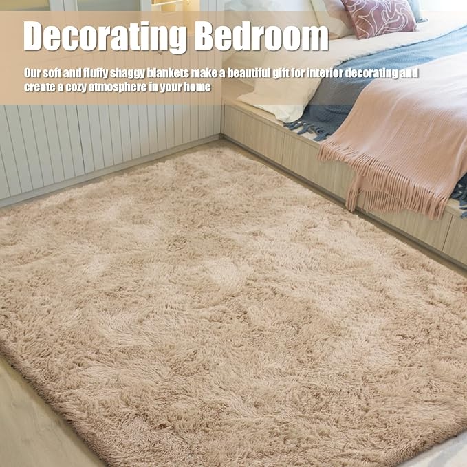 Ultra Soft Fluffy Area Rugs for Bedroom Living Room 10x14, Nursery Rug, Non-Slip Carpet for Kids Dorms Decor, Shaggy Bedside Rug, Beige