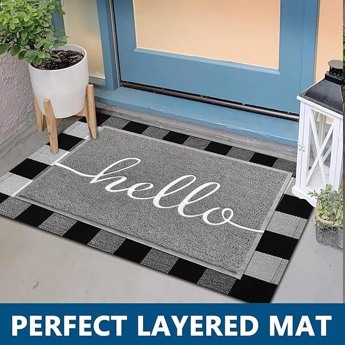 EARTHALL Door Mat Outside Inside Hello Doormat, 36"x24", Durable Floor Mat Non Slip Mat Ultra Absorb Mud Easy Clean Front Doormat for Garage, Entryway, Patio, High Traffic Areas, Grey