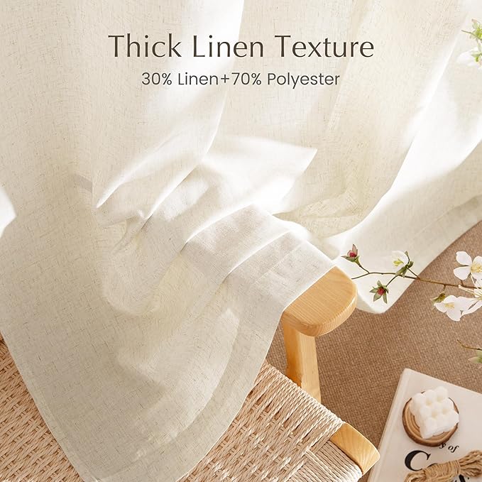 NICETOWN Linen Flax Semi Sheer Curtains 92" Length, Grommet Window Treatments Privacy Added with Light Penetration Vertical Drapes for Loft/Home Office, Natural, W55 x L92, 2 Panels