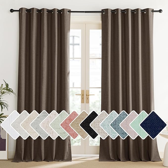 NICETOWN Coffee Vintage Linen 100% Blackout Curtains for Living Room, Thermal Insulated Curtains 108“ Long, Noise Reducing Window Treatment Drapes for Home Office, 62" Wide Per Panel, Set of 2