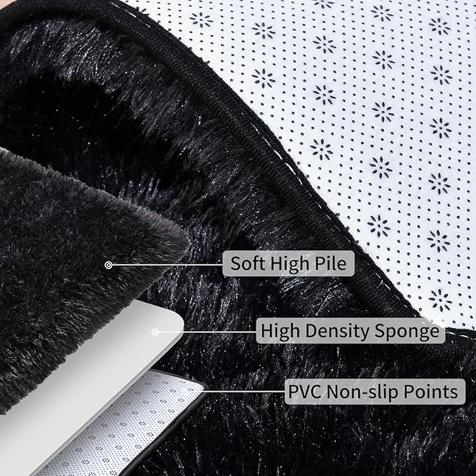 Soft Runner Rugs for Bedroom Hallways, 2 Packs 2x6 Black Fluffy Shag Throw Area Rug Non Slip for Bedside Dorm, Long Shaggy Furry Carpet for Nursery Living Room
