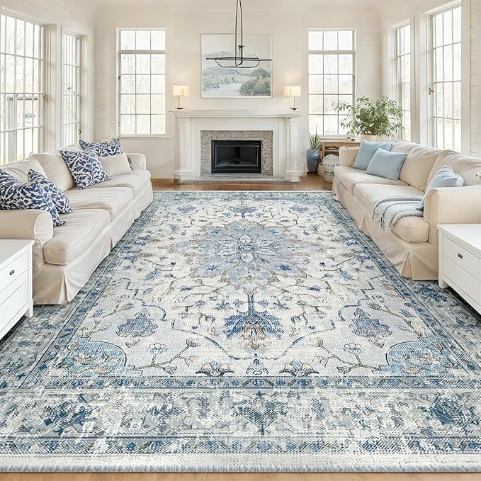 Area Rugs 10'x12' Washable Non-Slip, Floral Vintage Distress Print Pattern Medallion Carpet for Living Room Bedroom Dining Room, Light Blue Navy Beige Gray White