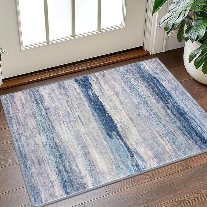 KOZYFLY Modern Abstract Small Area Rugs, 2x3 Washable Kitchen Rug Non-Slip Soft Small Bathroom Rug, Blue/Grey/Beige Striped Entryway Rugs Abstract Print Faux Wool Doormat for Bedside Entrance Bedroom