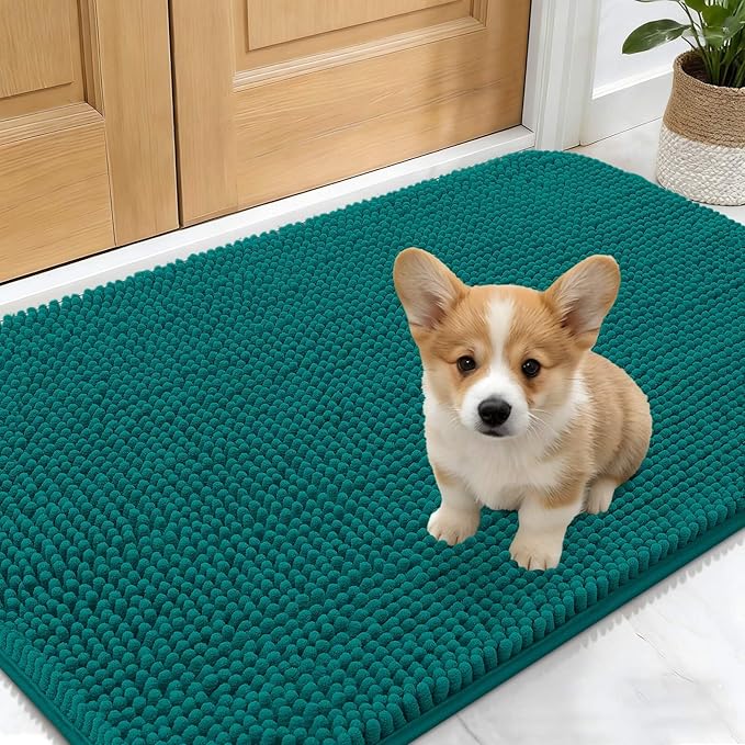 OLANLY Dog Door Mat for Muddy Paws 24x16, Absorbs Moisture and Dirt, Absorbent Non-Slip Washable Doormat, Quick Dry Chenille Mud Mat for Dogs, Entry Indoor Entryway Carpet for Inside Floor, Lake Blue