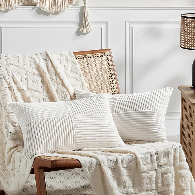 Fancy Homi 2 Packs Cream White Lumbar Decorative Throw Pillow Covers 16x28 Inch for Couch Bed Sofa, Rustic Farmhouse Boho Home Decor, Soft Striped Corduroy Rectangle Accent Cushion Case 40x70 cm