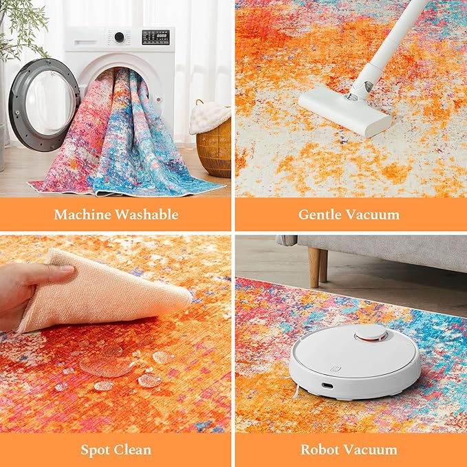 Rugflix 6x9 Area Rugs for Living Room, Washable Large Multicolor Rug Stain-Resistant Low Pile, Modern Carpet for Dining Room Home Office Kid Room Nursery Bedroom, Colorful Rainbow