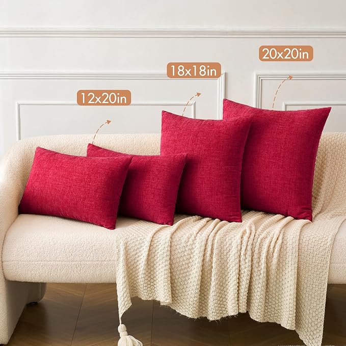MIULEE Pack of 2 Red Couch Throw Pillow Covers 20x20 Inch Soft Polyester Chenille Pillow Covers for Sofa Living Room Solid Dyed Pillow