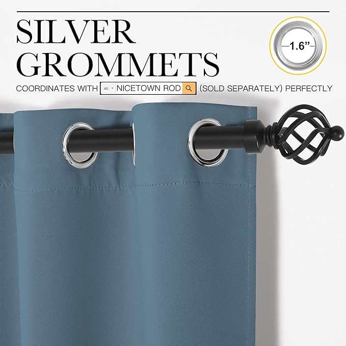 NICETOWN Blackout Curtain Panels for Bedroom, Smoky Blue, 2 Panels, W70 x L63-inch, Grey, Thermal Insulated Grommet Top Blackout Draperies and Drapes for Basement