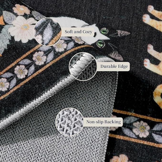 2x12 Washable Hallway Runner Rug - Soft Low Pile Floral Animal Cat Print Rugs with Non-Slip Backing Waterproof Stain-Resistant Indoor Carpet for Kitchen Entryway Bathroom Bedroom (Black)