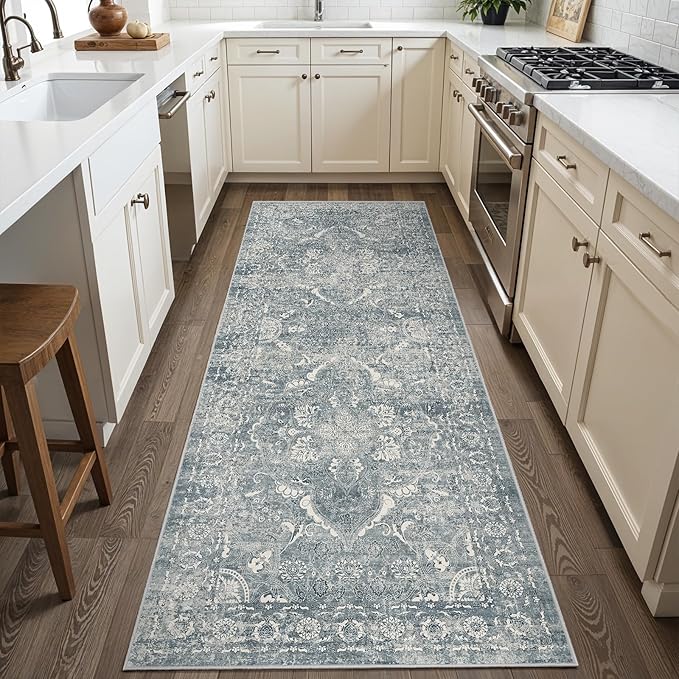Hallway 2x6 Runner Rug - Vintage Non-Slip Long Rug for Entryway Low-Pile Washable Medallion Runner for Hallway Waterproof Traditional Indoor Thin Rugs for Kitchen (Blue)