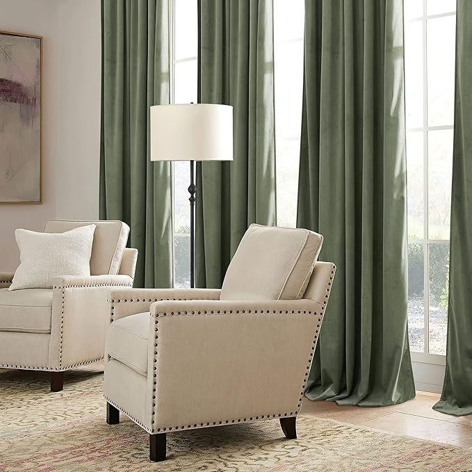 RYB HOME Sage Green Velvet Curtains 102 inches with Hook Belt, Soft Fabric Room Darkening Thermal Insulated Luxurious Home Decor Curtains for Living Room Bedroom, W 52" x L 102", 2 Panels Set