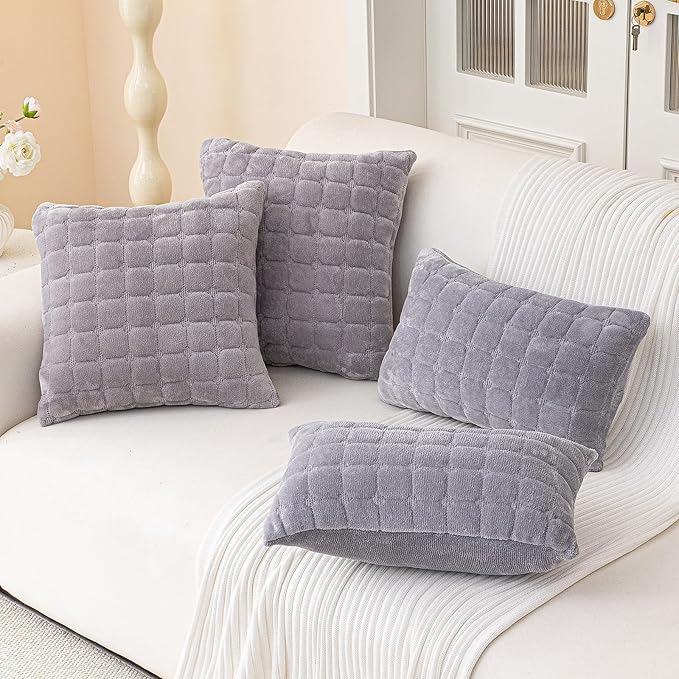 Velvet Throw Pillow Covers(Pack of Two, Light Grey) 12×20 Inch Decorative Pillows Cover Neutral Soft Chenille Couch Pillows with Zipper Aesthetic for Living Room and Bedroom