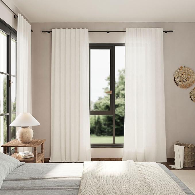Nanspring Beige White Linen Curtains 96 Inches Long 2 Panels Set for Living Room Bedroom Back Tab Rod Pocket Semi Sheer Light Filtering Drape for Bedroom Home Decor Protect Privacy 52x96