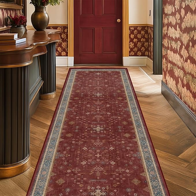 Boho 2x5 Small Kitchen Runners Rugs Non Slip - Washable Soft Area Rugs for Bedroom, Floral Non Skid Runner Carpet for Bathroom, Laundry Room, Hallway, Entryway (Dark Red)