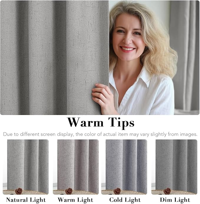 H.VERSAILTEX Linen Curtains 100% Blackout Curtains for Bedroom 102 inch Long Full Light Blocking Nature Linen Blended Window Curtains for Living Room Nickel Grommet (2 Panels, Dove Gray)