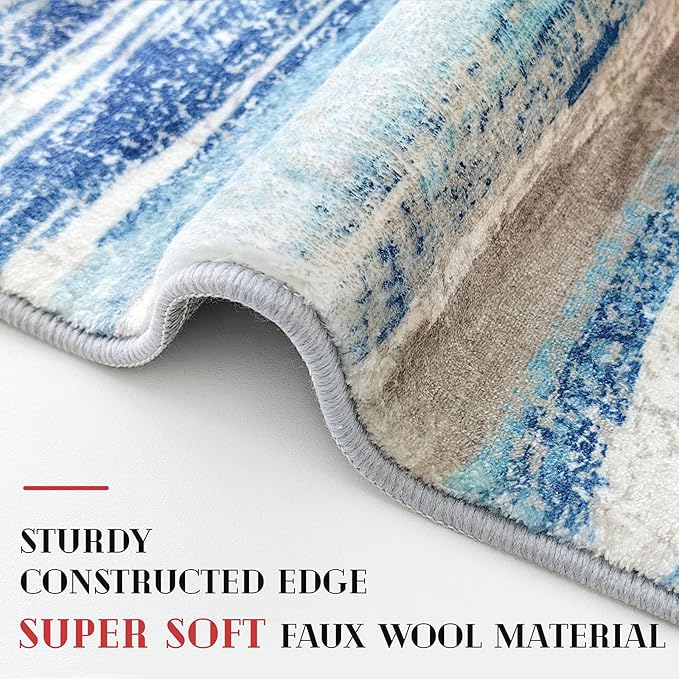 Lansny Modern Abstract Runner Rug 2x12, Blue Washable Long Kitchen Runner Non-Slip Soft Hallway Rug Runner Thin Print Faux Wool Carpet for Entryway Bedroom Laundry Room Indoor Home Decor