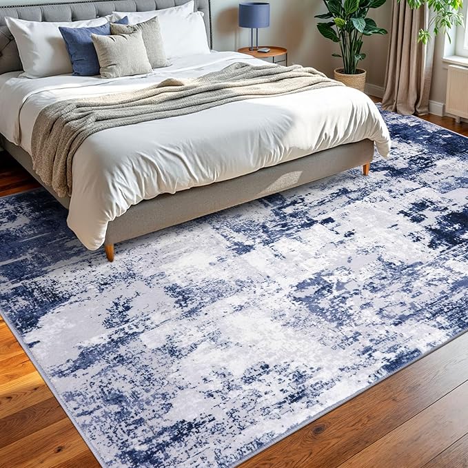 KOZYFLY Modern Abstract Area Rugs 8x10 Navy Blue Machine Washable Thin Rug for Bedroom Non-Slip Living Room Rug, Faux Wool Soft Low Pile Office Carpet for Dining Room, Bedroom, Kitchen Bathroom