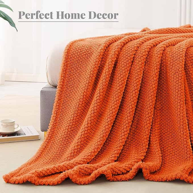 Whale Flotilla Queen Size Fuzzy Fleece Blanket, Fluffy Warm Soft Jacquard Bed Blankets for All Season, Lightweight and Cozy, 90x90 Inch, Burnt Orange