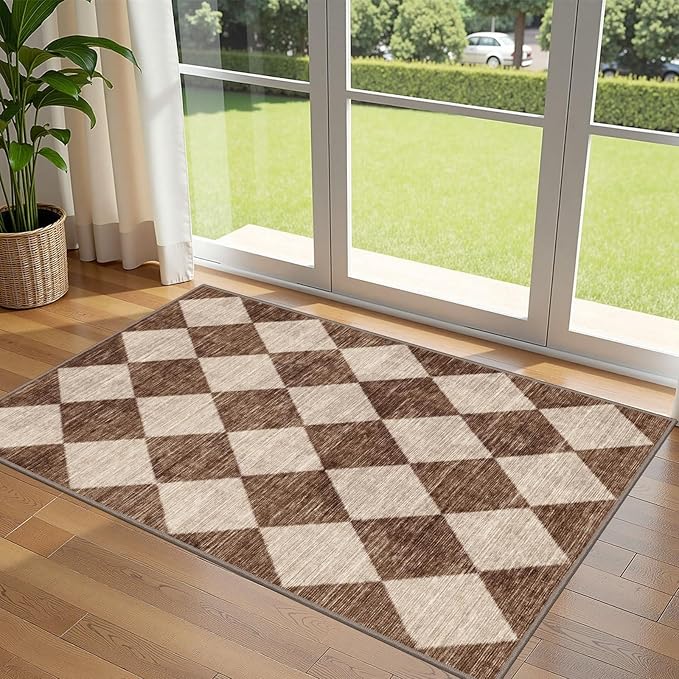 Brown Beige Checkered Entry Rug - 3x5 Non-Slip Washable Indoor Outdoor Front Door Mat Porch Rug Farmhouse Diamond Throw Carpet for Living Room Bedroom Entryway Kitchen Office Fall Porch Decor