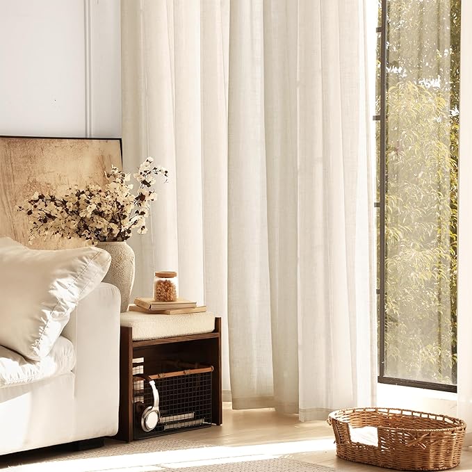 Apricot Linen Curtain 120 inch Length 2 Panels Set Back Tab Light Filtering Living Room Curtain Drapes Home Office Modern Minimalist Decor Farmhouse Boho Neutral Cream Semi Sheer Curtain 120 inch Long
