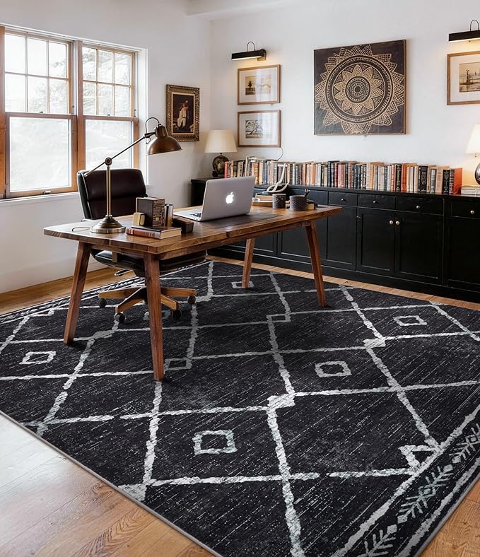 YIHOUSE Moroccan Rugs for Living Room, 6x9 Black and White Aztec Area Rug, Western Geometric Soft Low-Pile Washable Rugs for Bedroom, Dining Room