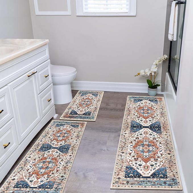 HEBE Boho Kitchen Rug Sets 3 Piece with Runner Non Slip Kitchen Rugs and Mats Washable Kitchen Mats for Floor Thick Kitchen Floor Mat Carpet Runner Rugs for Hallway Laundry Holiday Decor